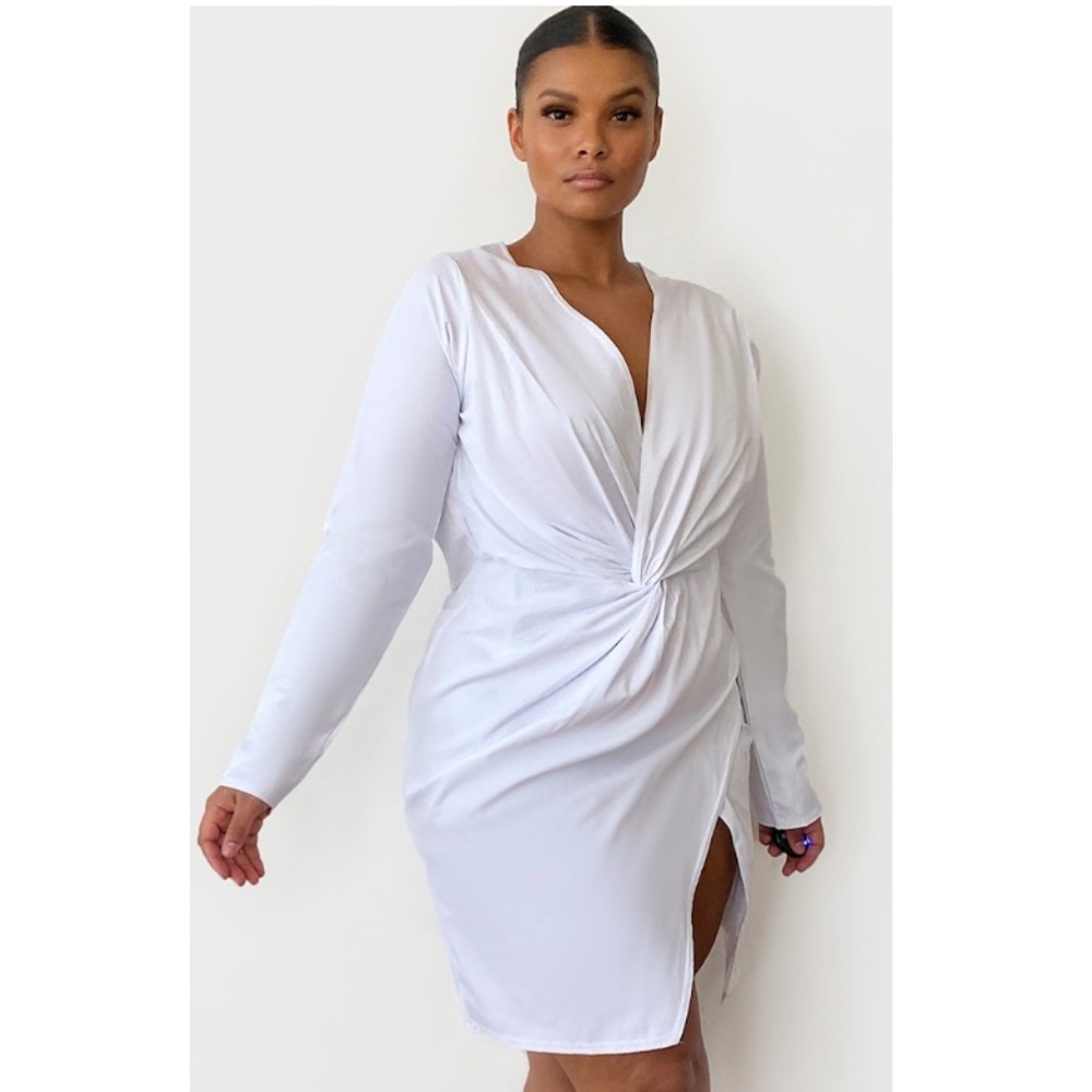 Plus White Woven Long Sleeve Wrap Dress